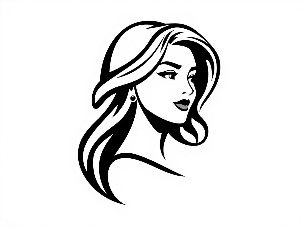 Dibujo en blanco y negro de una mujer mirando hacia adelante con expresión segura.